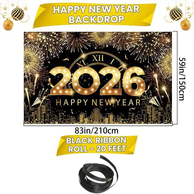 Alt view image 2 of 7 - 83x59In Happy New Year Banner 2026 Large Backdrop Black & Gold New Years Decorations 2026 | New Years Eve Party Supplies Banner for Home, Garden, NYE Celebrations & Photoshoot Backdrop Favors