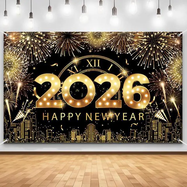 Main image of 83x59In Happy New Year Banner 2026 Large Backdrop Black & Gold New Years Decorations 2026 | New Years Eve Party Supplies Banner for Home, Garden, NYE Celebrations & Photoshoot Backdrop Favors