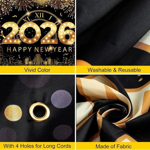 Alt view image 3 of 7 - 83x59In Happy New Year Banner 2026 Large Backdrop Black & Gold New Years Decorations 2026 | New Years Eve Party Supplies Banner for Home, Garden, NYE Celebrations & Photoshoot Backdrop Favors