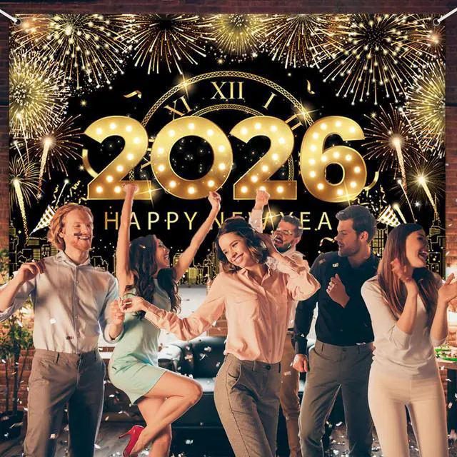 Alt view image 5 of 7 - 83x59In Happy New Year Banner 2026 Large Backdrop Black & Gold New Years Decorations 2026 | New Years Eve Party Supplies Banner for Home, Garden, NYE Celebrations & Photoshoot Backdrop Favors