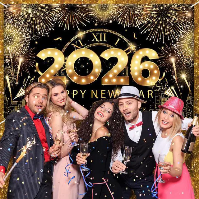 Alt view image 4 of 7 - 83x59In Happy New Year Banner 2026 Large Backdrop Black & Gold New Years Decorations 2026 | New Years Eve Party Supplies Banner for Home, Garden, NYE Celebrations & Photoshoot Backdrop Favors