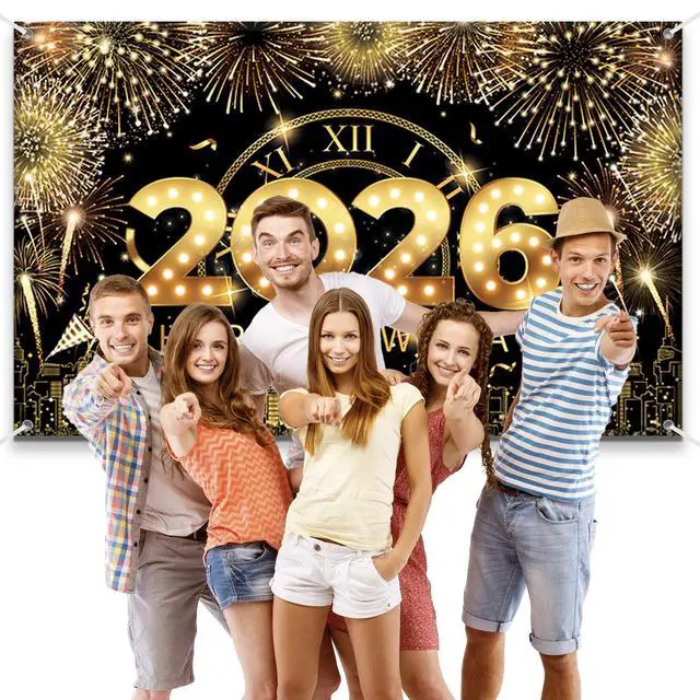 Alt view image 6 of 7 - 83x59In Happy New Year Banner 2026 Large Backdrop Black & Gold New Years Decorations 2026 | New Years Eve Party Supplies Banner for Home, Garden, NYE Celebrations & Photoshoot Backdrop Favors