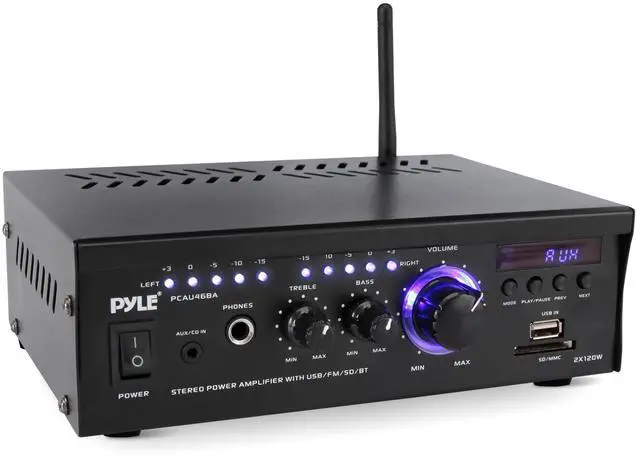 Main image of Bluetooth Computer Speaker Amplifier - 2x120 Watt Home Stereo Power Amplifier Home Audio Receiver System W/Blue Led Display, USB/SD, AUX, RCA, Headphone Jack - Remote - PCAU46BA.5