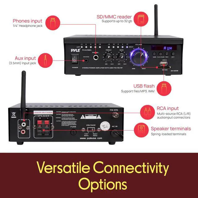 Alt view image 2 of 6 - Bluetooth Computer Speaker Amplifier - 2x120 Watt Home Stereo Power Amplifier Home Audio Receiver System W/Blue Led Display, USB/SD, AUX, RCA, Headphone Jack - Remote - PCAU46BA.5