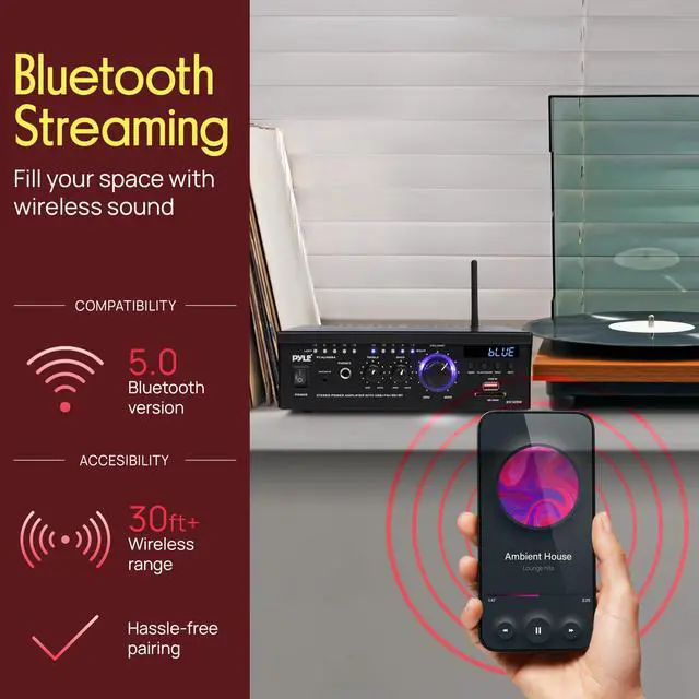 Alt view image 3 of 6 - Bluetooth Computer Speaker Amplifier - 2x120 Watt Home Stereo Power Amplifier Home Audio Receiver System W/Blue Led Display, USB/SD, AUX, RCA, Headphone Jack - Remote - PCAU46BA.5