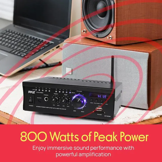 Alt view image 6 of 6 - Bluetooth Computer Speaker Amplifier - 2x120 Watt Home Stereo Power Amplifier Home Audio Receiver System W/Blue Led Display, USB/SD, AUX, RCA, Headphone Jack - Remote - PCAU46BA.5