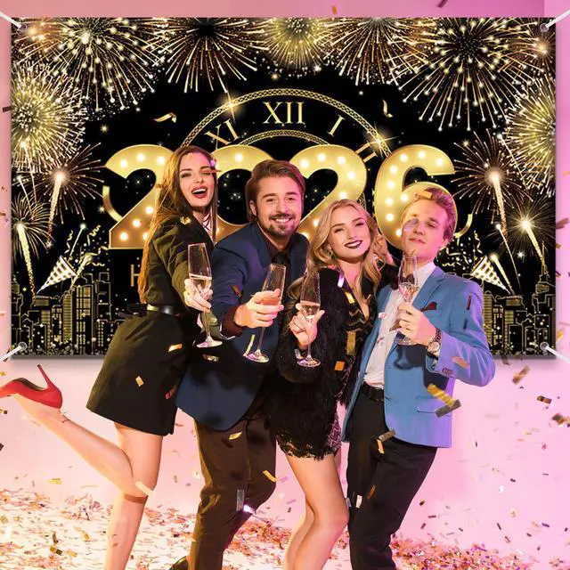 Alt view image 7 of 7 - 83x59In Happy New Year Banner 2026 Large Backdrop Black & Gold New Years Decorations 2026 | New Years Eve Party Supplies Banner for Home, Garden, NYE Celebrations & Photoshoot Backdrop Favors