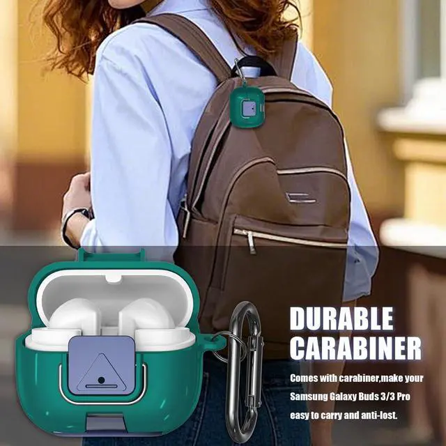 Alt view image 6 of 7 - for Samsung Galaxy Buds 3/3 FE (2025)/3 Pro Protective Case with Secure Lock Clip,Phone Stand Design Full Protection Shockproof TPU Case with Carabiner&Clean Kit (Pine Green)