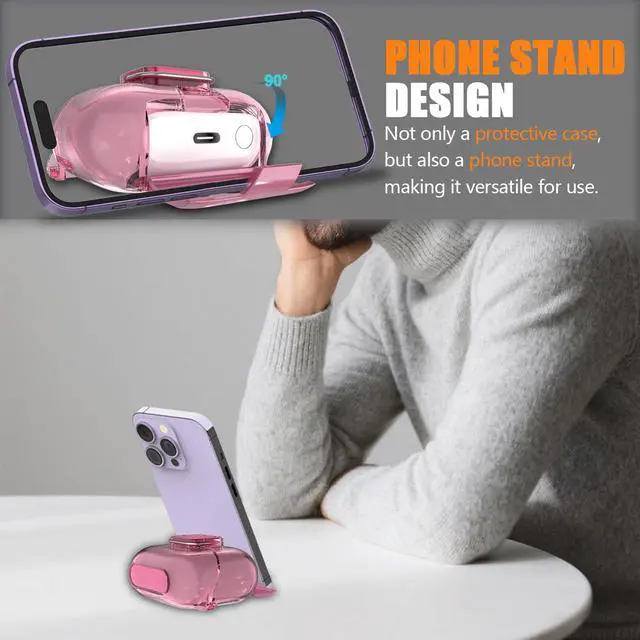 Alt view image 3 of 7 - for Samsung Galaxy Buds 3/3 FE (2025)/3 Pro Protective Case with Secure Lock Clip,Phone Stand Design Full Protection Shockproof TPU Case with Carabiner&Clean Kit (Clear Pink)