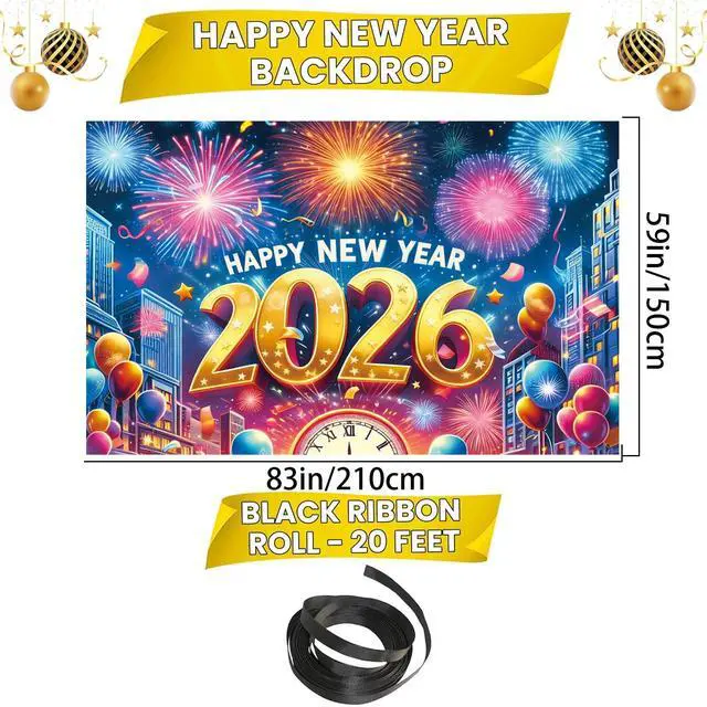 Alt view image 2 of 7 - 83x59In Happy New Year Banner 2026 Large Backdrop - Muti-Color New Years Decorations 2026 | New Years Eve Party Supplies Banner for Home, Garden, NYE Celebrations & Photoshoot Backdrop Favors