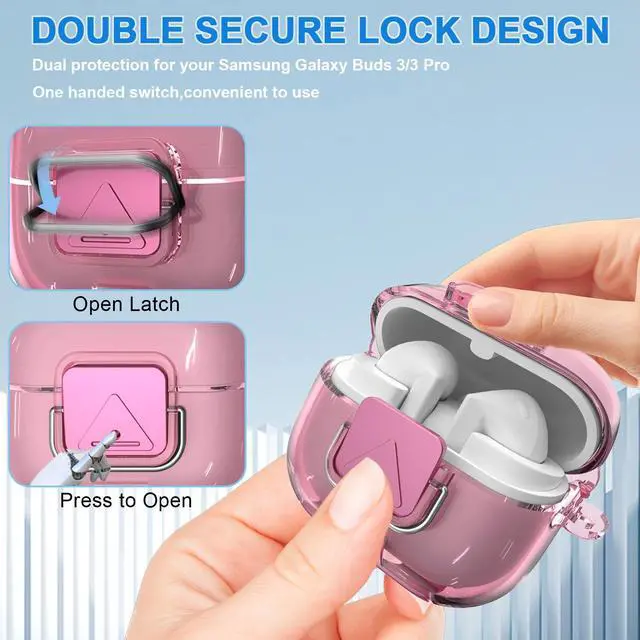 Alt view image 4 of 7 - for Samsung Galaxy Buds 3/3 FE (2025)/3 Pro Protective Case with Secure Lock Clip,Phone Stand Design Full Protection Shockproof TPU Case with Carabiner&Clean Kit (Clear Pink)