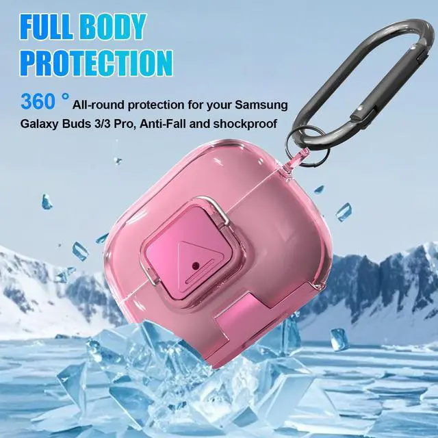 Alt view image 5 of 7 - for Samsung Galaxy Buds 3/3 FE (2025)/3 Pro Protective Case with Secure Lock Clip,Phone Stand Design Full Protection Shockproof TPU Case with Carabiner&Clean Kit (Clear Pink)