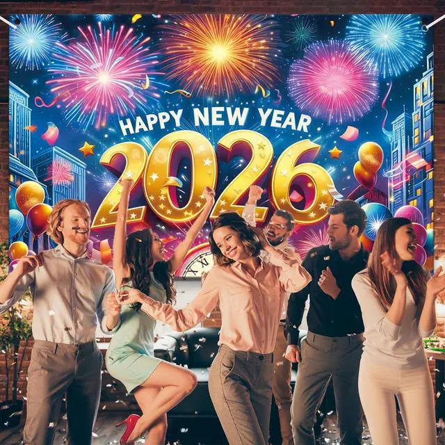 Alt view image 4 of 7 - 83x59In Happy New Year Banner 2026 Large Backdrop - Muti-Color New Years Decorations 2026 | New Years Eve Party Supplies Banner for Home, Garden, NYE Celebrations & Photoshoot Backdrop Favors