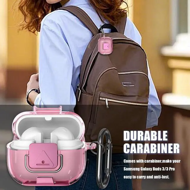 Alt view image 6 of 7 - for Samsung Galaxy Buds 3/3 FE (2025)/3 Pro Protective Case with Secure Lock Clip,Phone Stand Design Full Protection Shockproof TPU Case with Carabiner&Clean Kit (Clear Pink)