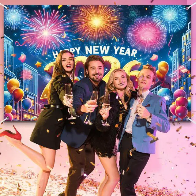 Alt view image 6 of 7 - 83x59In Happy New Year Banner 2026 Large Backdrop - Muti-Color New Years Decorations 2026 | New Years Eve Party Supplies Banner for Home, Garden, NYE Celebrations & Photoshoot Backdrop Favors