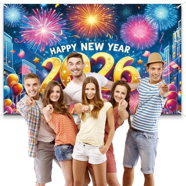 Alt view image 7 of 7 - 83x59In Happy New Year Banner 2026 Large Backdrop - Muti-Color New Years Decorations 2026 | New Years Eve Party Supplies Banner for Home, Garden, NYE Celebrations & Photoshoot Backdrop Favors