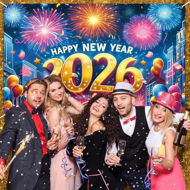 Alt view image 5 of 7 - 83x59In Happy New Year Banner 2026 Large Backdrop - Muti-Color New Years Decorations 2026 | New Years Eve Party Supplies Banner for Home, Garden, NYE Celebrations & Photoshoot Backdrop Favors