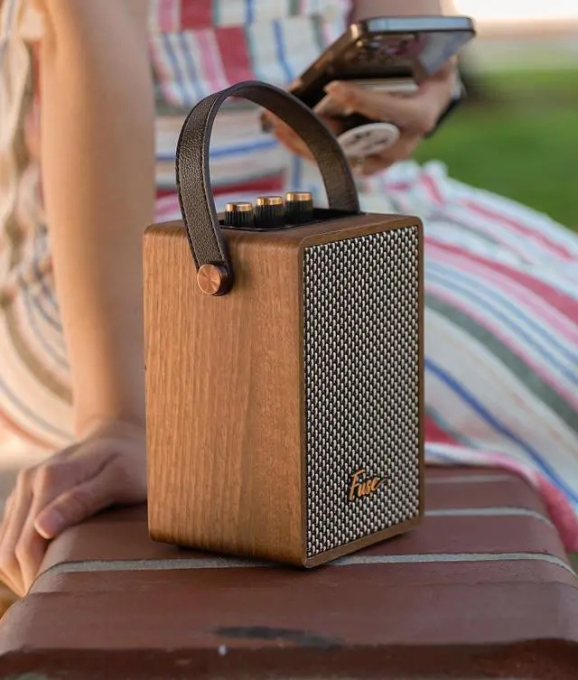Alt view image 4 of 6 - Andle Vintage Retro Bluetooth Speaker with Vegan Leather Handle | Portable Speaker with Smartphone Connection | USB & AUX Input | Stylish Brown Wood Exterior