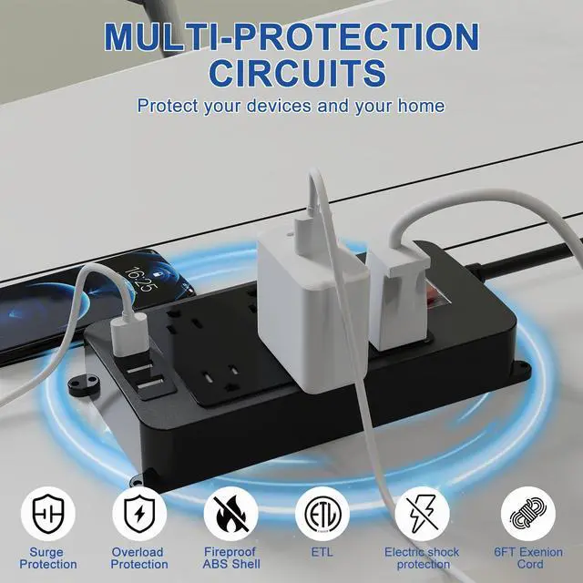 Alt view image 4 of 7 - Outdoor Power Strip Weatherproof, 4 Wide AC Outlets Heavy Duty Surge Protector with Flat Plug, Waterproof Shockproof Extension Cord with 2 USB c Port and 1 USB a Port, 6 Ft Cord, (Black-6AC-3A)