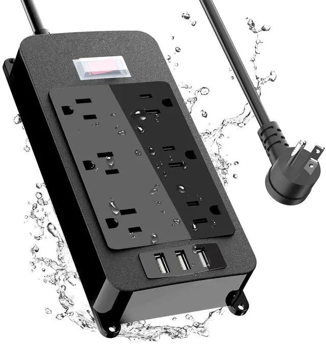 Main image of Outdoor Power Strip Weatherproof, 4 Wide AC Outlets Heavy Duty Surge Protector with Flat Plug, Waterproof Shockproof Extension Cord with 2 USB c Port and 1 USB a Port, 6 Ft Cord, (Black-6AC-3A)