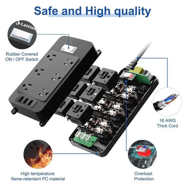 Alt view image 3 of 7 - Outdoor Power Strip Weatherproof, 4 Wide AC Outlets Heavy Duty Surge Protector with Flat Plug, Waterproof Shockproof Extension Cord with 2 USB c Port and 1 USB a Port, 6 Ft Cord, (Black-6AC-3A)