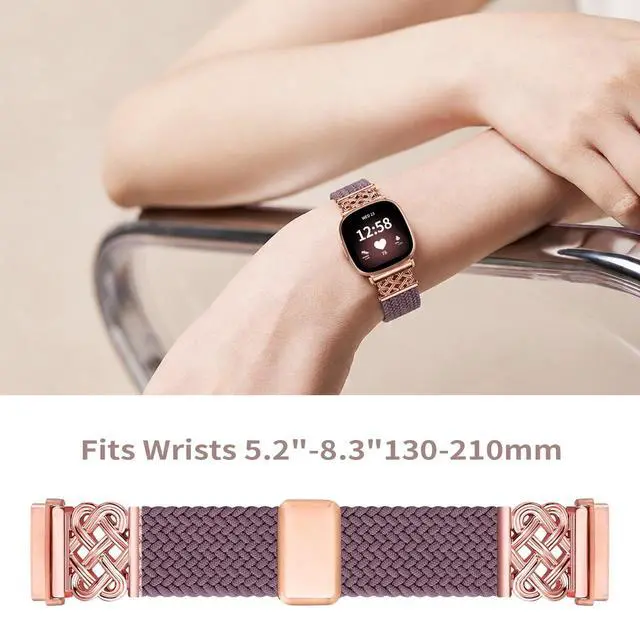 Alt view image 4 of 7 - Celtic Heart Knot Braided Band Compatible with Fitbit Versa 4/Versa 3/Sense 2/Sense Bands for Women Men, Elastic Nylon Sport Loop Adjustable Replacement Strap with Upgraded Metal Fastener