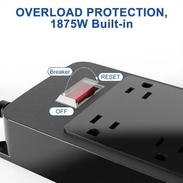 Alt view image 6 of 7 - Outdoor Power Strip Weatherproof, 4 Wide AC Outlets Heavy Duty Surge Protector with Flat Plug, Waterproof Shockproof Extension Cord with 2 USB c Port and 1 USB a Port, 6 Ft Cord, (Black-6AC-3A)