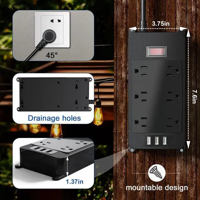 Alt view image 7 of 7 - Outdoor Power Strip Weatherproof, 4 Wide AC Outlets Heavy Duty Surge Protector with Flat Plug, Waterproof Shockproof Extension Cord with 2 USB c Port and 1 USB a Port, 6 Ft Cord, (Black-6AC-3A)
