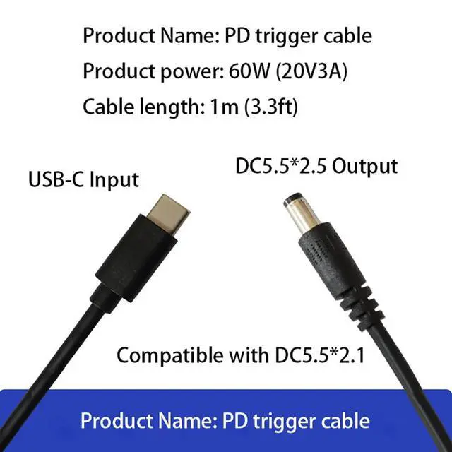 Alt view image 2 of 4 - 2PCS 3.3ft PD 20V 3A Trigger USB Type C Male Input to DC 5.5 x 2.5mm Male Power Cable