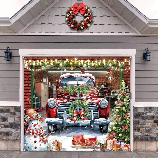 Main image of Christmas Garage Door Banner Cover Decorations,7 x 8 Ft Red Truck Christmas Snowman Tree Holiday Garage Door Outdoor Backdrop for Xmas Holiday Winter New Year Party Supplies