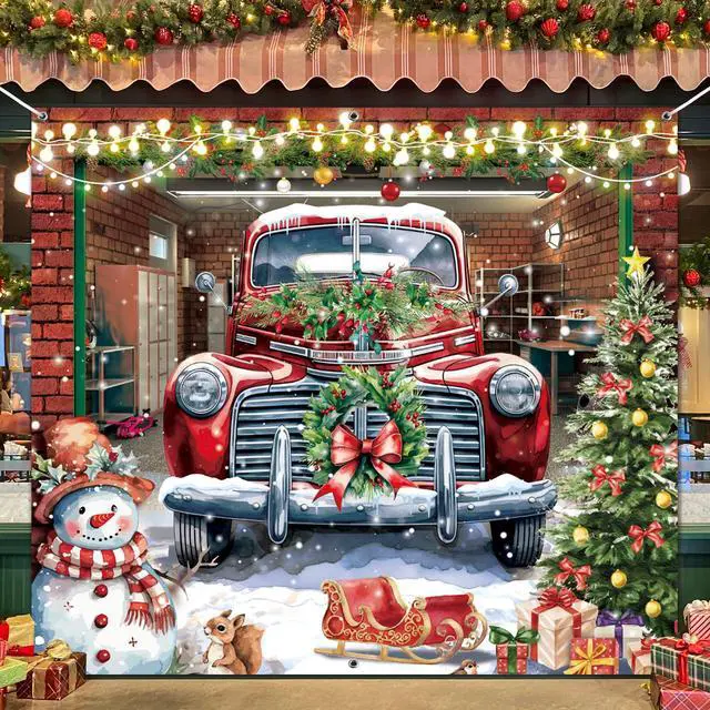 Alt view image 4 of 7 - Christmas Garage Door Banner Cover Decorations,7 x 8 Ft Red Truck Christmas Snowman Tree Holiday Garage Door Outdoor Backdrop for Xmas Holiday Winter New Year Party Supplies