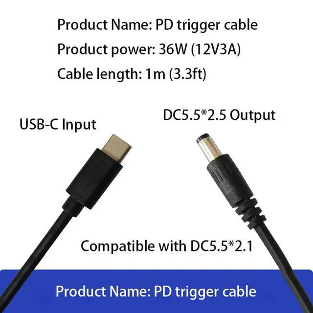Alt view image 2 of 4 - 2PCS 3.3ft PD 12V 3A Trigger USB Type C Male Input to DC 5.5 x 2.5mm Male Power Cable