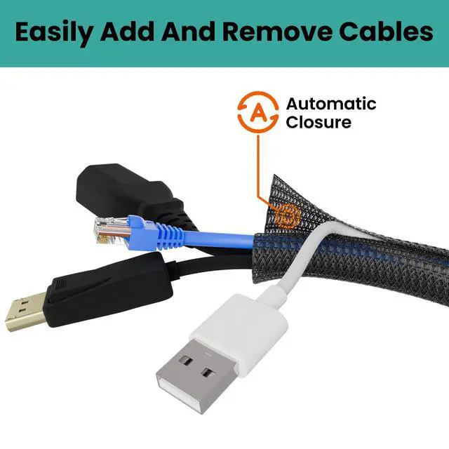 Alt view image 3 of 7 - Braided Cable Management Sleeve, 25 ft (300 in), 1/2 in, Black | Expandable Split PET Braid, Self-Closing Design for TV, PC, USB and Ethernet Cables, Protect Pets Kids