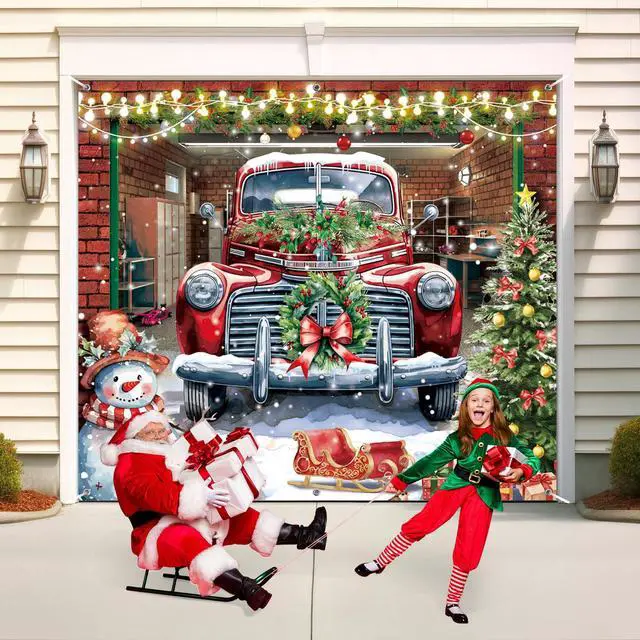 Alt view image 5 of 7 - Christmas Garage Door Banner Cover Decorations,7 x 8 Ft Red Truck Christmas Snowman Tree Holiday Garage Door Outdoor Backdrop for Xmas Holiday Winter New Year Party Supplies