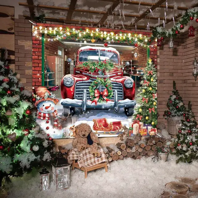 Alt view image 7 of 7 - Christmas Garage Door Banner Cover Decorations,7 x 8 Ft Red Truck Christmas Snowman Tree Holiday Garage Door Outdoor Backdrop for Xmas Holiday Winter New Year Party Supplies