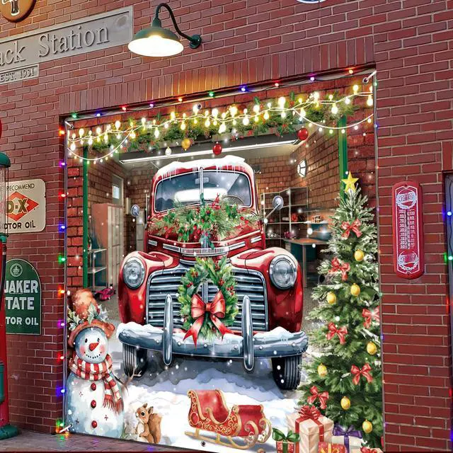 Alt view image 6 of 7 - Christmas Garage Door Banner Cover Decorations,7 x 8 Ft Red Truck Christmas Snowman Tree Holiday Garage Door Outdoor Backdrop for Xmas Holiday Winter New Year Party Supplies