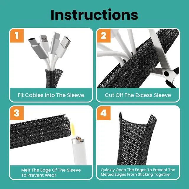 Alt view image 7 of 7 - Braided Cable Management Sleeve, 25 ft (300 in), 1/2 in, Black | Expandable Split PET Braid, Self-Closing Design for TV, PC, USB and Ethernet Cables, Protect Pets Kids