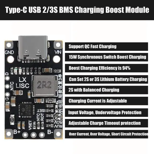 Alt view image 2 of 6 - 10pcs Type-C USB 2S BMS 15W 8.4V 12.6V 1.5A Boost Power Supply Module Support Fast Charge with Indicator Lithium Battery Charging