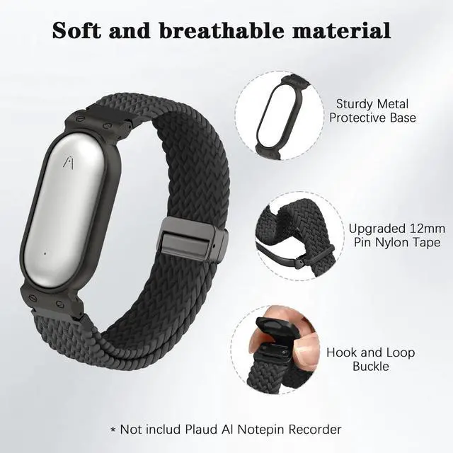 Alt view image 2 of 7 - Wristband Compatible with Plaud NotePin S/NotePin AI Voice Recorder,Metal Protective Case Soft Stretchy Breathable Nylon Magnetic Clasp Strap for Plaud NotePin Voice Recorder Accessory