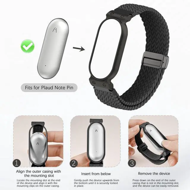 Alt view image 5 of 7 - Wristband Compatible with Plaud NotePin S/NotePin AI Voice Recorder,Metal Protective Case Soft Stretchy Breathable Nylon Magnetic Clasp Strap for Plaud NotePin Voice Recorder Accessory