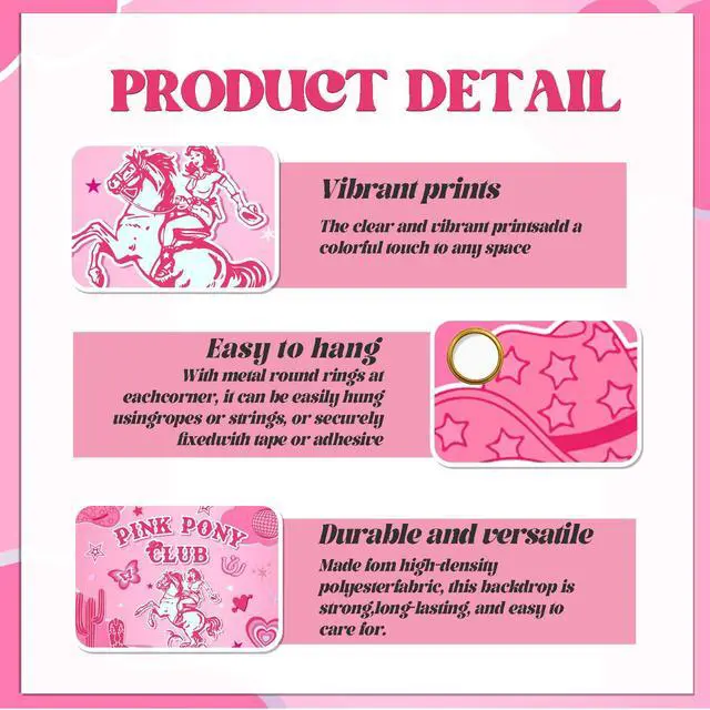 Alt view image 3 of 6 - Pink Pony Club Backdrop - Last Rodeo Bachelorette Party Decor, Pink Pony Club Banner, Vintage Cowgirl Birthday Bridal Shower Party Decorations 7x5ft