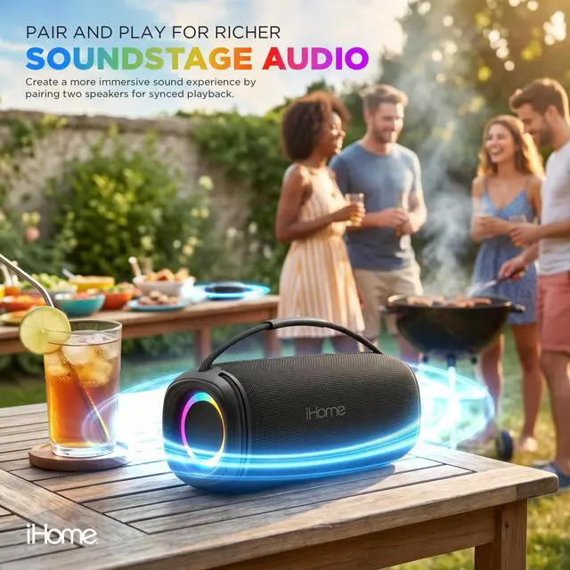 Alt view image 5 of 6 - Quest Max Portable Wireless Bluetooth Speaker with Carry Strap | Bluetooth 5.3, TWS Pairing, Water-Resistant, RGB Color-Changing Lights, Rechargeable Battery, USB-C Charging, True Stereo