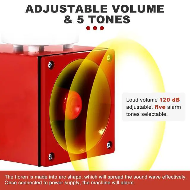 Alt view image 3 of 6 - Industrial Siren Alarm 0-120dB, IP66 Waterproof Outdoor Strobe Warning Light with Tone, Volume Adjustable, for Office, Home, Warehouse, Intruders, Emergency, Tornado, Animal Deterrent 110V