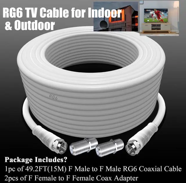 Alt view image 6 of 6 - RG6 F Type TV Aerial Cable, F Male to F Male High-Speed RG6 Coaxial Cable F Type Female Gender Changers Connector 75 Ohm, for Cable Box, TV, Satellite, Digital Router 49.2FT(15M), White