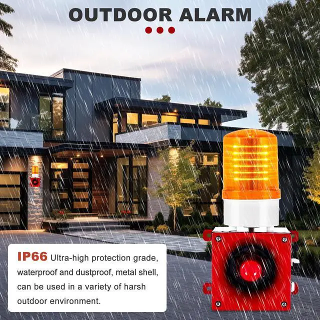 Alt view image 5 of 6 - Industrial Siren Alarm 0-120dB, IP66 Waterproof Outdoor Strobe Warning Light with Tone, Volume Adjustable, for Office, Home, Warehouse, Intruders, Emergency, Tornado, Animal Deterrent 110V