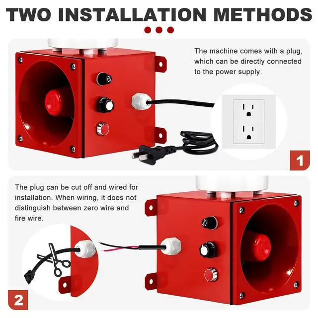 Alt view image 6 of 6 - Industrial Siren Alarm 0-120dB, IP66 Waterproof Outdoor Strobe Warning Light with Tone, Volume Adjustable, for Office, Home, Warehouse, Intruders, Emergency, Tornado, Animal Deterrent 110V
