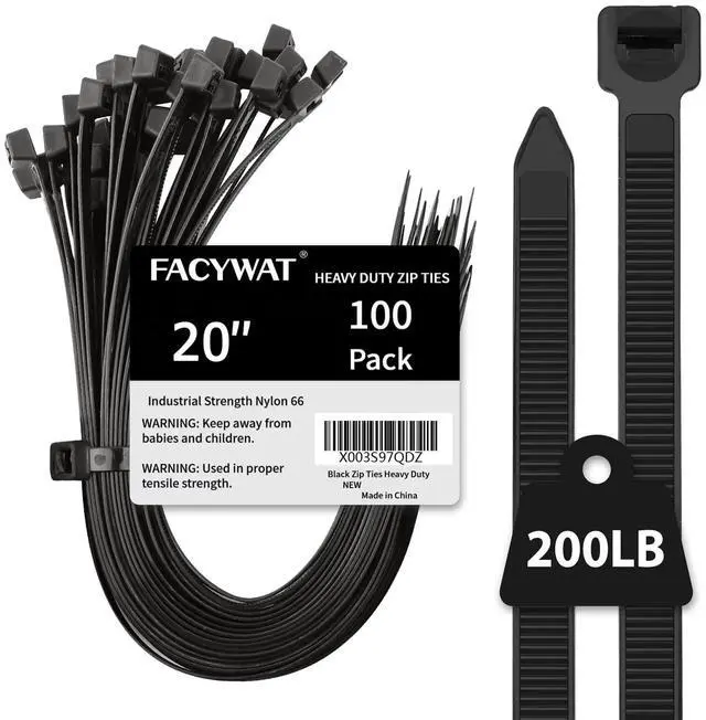 Main image of 20 inch Black Zip Ties Heavy Duty Outdoor100 PACK, 200 LBS Tensile Strength Large Cable Tie Wraps, Extra Long Wire Ties Plastic UV Resistant Big Strong Zipties