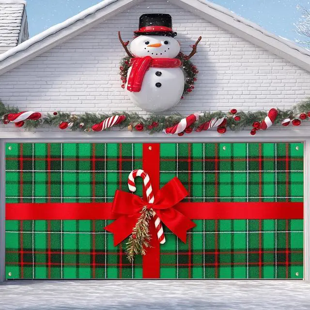 Main image of Christmas Bow Garage Door Banner 6x13 ft Plaid Garage Door Wrap With Red Bow and Candy Canes Decorative Christmas Cover Winter Scene Backdrop