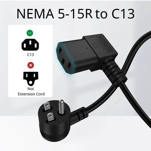 Alt view image 4 of 7 - TNP Right Angle Computer Power Cord, NEMA 5-15P to C13, 15 FT, Black | 90 Degree Iec C13 Power Cable with 18 Awg Wire for Pcs, Monitors, Tvs and Printers; Molded Strain Relief