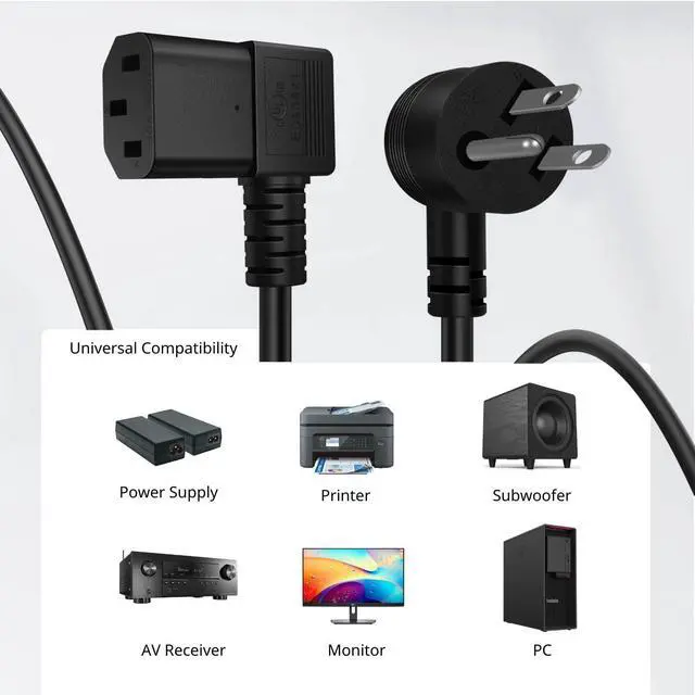Alt view image 5 of 7 - TNP Right Angle Computer Power Cord, NEMA 5-15P to C13, 10 Ft, Black | 90 Degree Iec C13 Power Cable with 18 Awg Wire for Pcs, Monitors, Tvs and Printers; Molded Strain Relief
